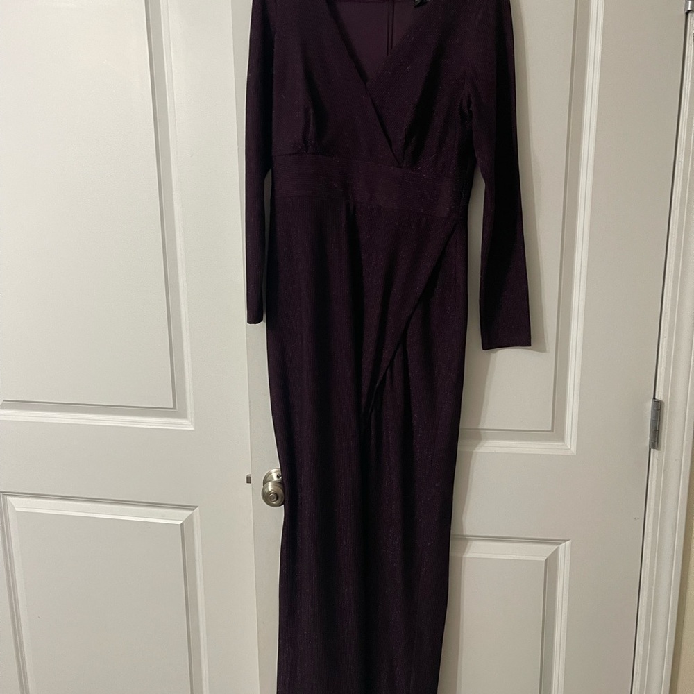 Betsy & Adam Long Sleeve Deep Plum Evening Gown
